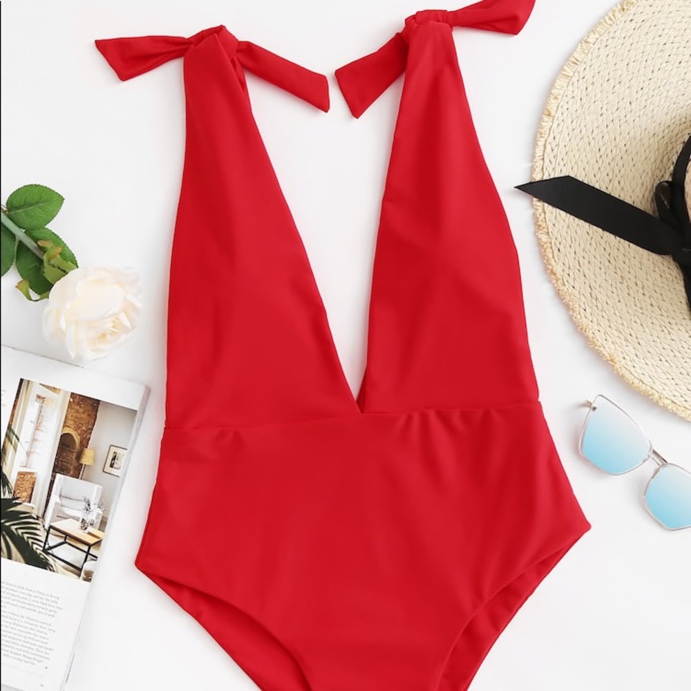 Red Tie V Front and Back One Piece Swimsuit